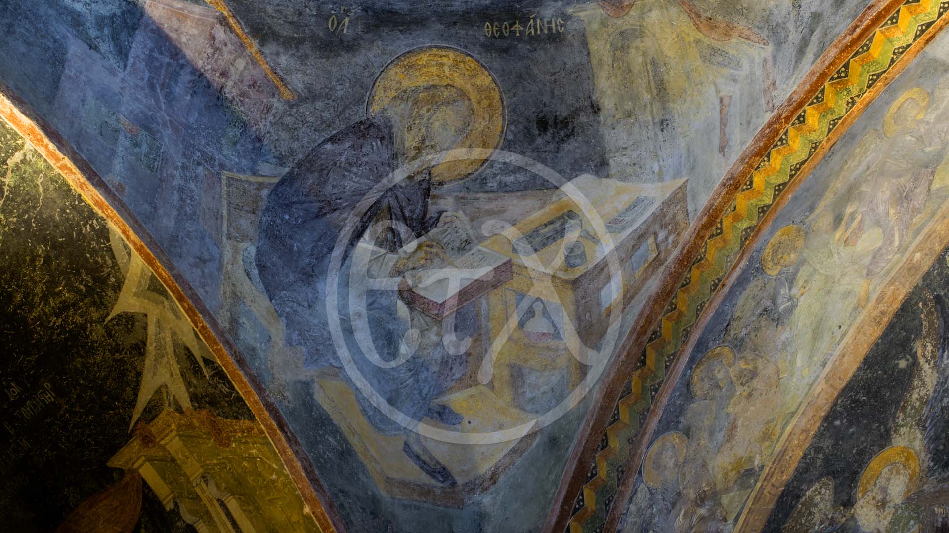 Fresco of St. Theophanes the Hymnographer seated at a writing desk in the Chora Church (Kariye Camii) Parekklesion - Ιερά Μονή της Χώρας Παρεκκλήσιον Τοιχογραφίες, Ο Άγιος Θεοφάνης ο Υμνογράφος